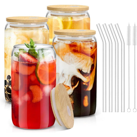 Set 4 Pahare cu Pai, pentru Bauturi Calde si Reci, Model Tip Doza, Capac din Bambus/Plastic, Perie pentru Curatare, Borosilicat Transparent, 500ml