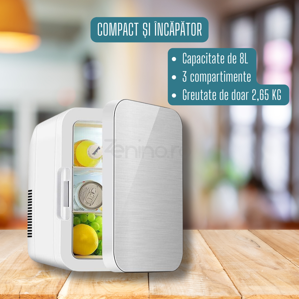 Mini Frigider Portabil, Functie Incalzire si Racire, Capacitate 8L, Casa si Masina, pentru Alimente si Cosmetice, Rafturi Detasabile, Suport Usa, Compact si Incapator, Conexiune Retea 12V/220V