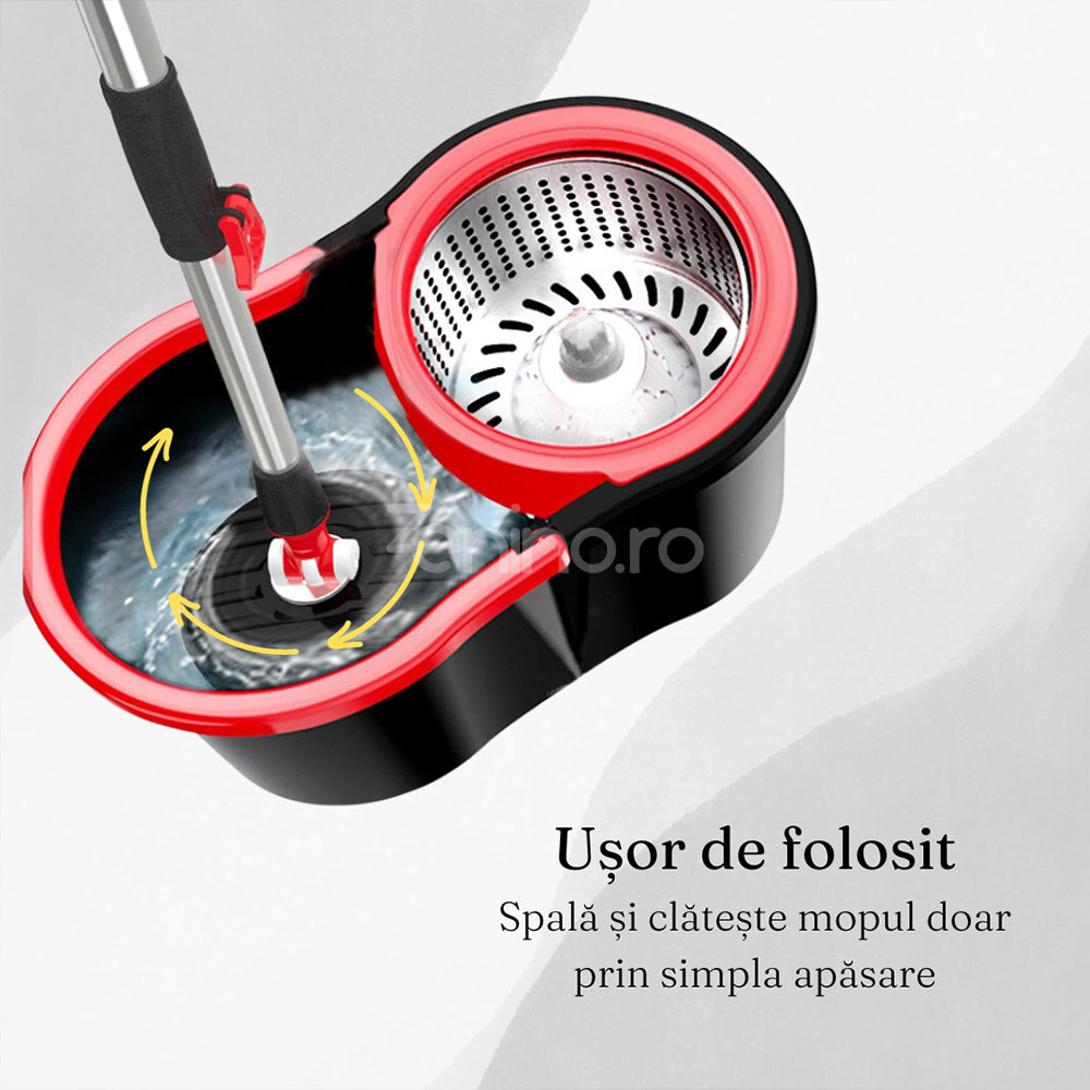 Set Mop Rotativ, Galeata 8L, Capat Microfibra Schimbabil, Sistem de Stoarcere, Dop de Scurgere, Negru/Rosu