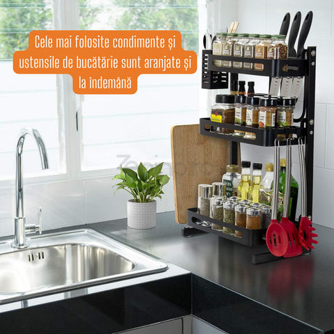 Raft Organizator de Bucatarie - 3 Etajere, pentru Condimente si Ustensile, Suport Tacamuri, Scurgator, Accesorii Detasabile, Anti-Alunecare, Rezistent, Economisire Spatiu, Otel Inoxidabil, Negru, 60x21x39 cm