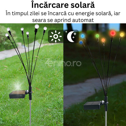 Lampa Solara 6 Bulbi, de Gradina, Tip Licurici, RGB, IP65, Fixare in Pamant, Lumina Multicolora, Autonomie 8h, 70 cm, Negru
