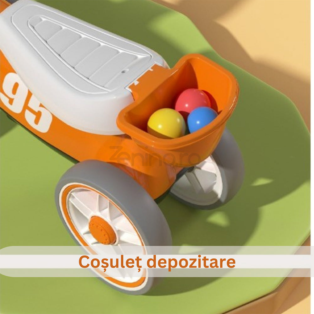 Tricicleta pentru Copii, Fara Pedale, cu Lumini, Muzica, 4 Roti, 63x24x41cm, Portocaliu