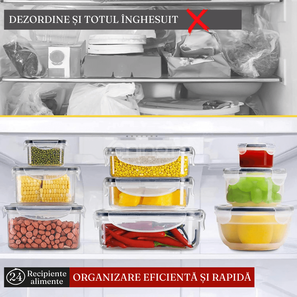 Set 24 Recipiente Alimente, 6 Dimensiuni, Inchidere Etansa, Etichete Incluse, Versatile, din Plastic, Transparent