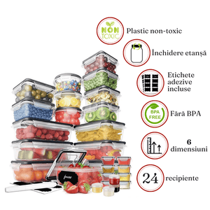 Set 24 Recipiente Alimente, 6 Dimensiuni, Inchidere Etansa, Etichete Incluse, Versatile, din Plastic, Transparent