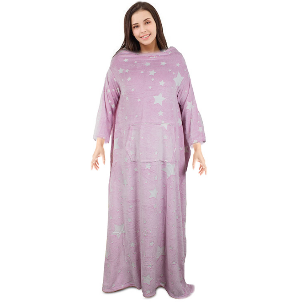 Patura cu Maneci si Buzunar Tip Marsupiu, din Fleece, Calduroasa, Moale, Confortabila, Marime Universala, Model Fosforescent