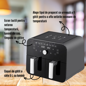 Double Hot Air Fryer, 2 Baskets, 10l Capacity, 2400W Power, Integrated Light, Touch Screen, Fast Cooking, Healthy Meals