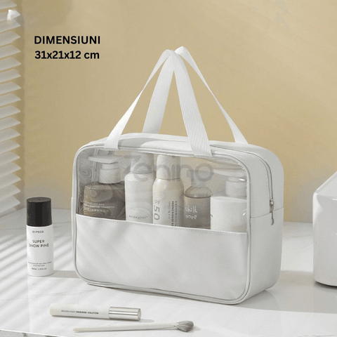 Geanta Organizare - Cosmetice, Medicamente, Produse de Ingrijire, pentru Calatorii si Depozitare, Fermoar, 2 Barete, Impermeabila, Rezistenta, Portabila, Fereastra Transparenta, Incapatoare, 30X21X12 cm