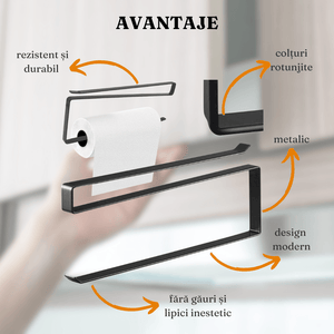 Suport Prosoape/Hartie, Versatil, Flexibil, Rezistent, Durabil, din Metal, Alb/Negru, 25,5x7x2,3 cm