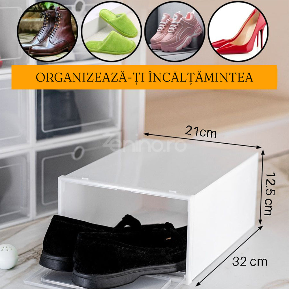 Set Cutii Depozitare Incaltaminte, Organizare Pantofi, Montare Impreuna, Protectie Impotriva Prafului, 32x21x12.5cm, Plastic, Alb/Transparent