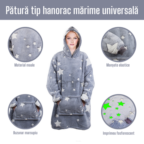 Patura cu Maneci Tip Hanorac, Gluga, Buzunar Marsupiu, din Fleece, Pufos, Confortabil, Mentine Caldura, Marime Universala, Imprimeu Fosforescent, Adulti si Copii