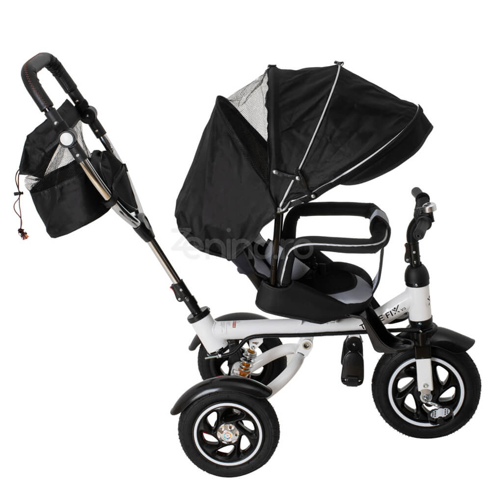 Tricicleta 3in1 V3, Multifunctionala, Carucior, Scaun Reversibil, Borseta, Suspensii, Pozitie Somn, Prelata Detasabila, Negru/Gri