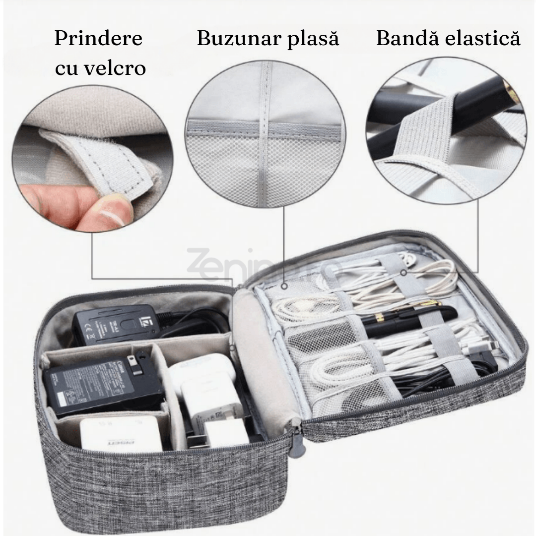 Organizator tip Geanta, pentru Calatorii, Antistropi, Prindere cu Velcro, Compartimente Detasabile, 2 Fermoare, Gri