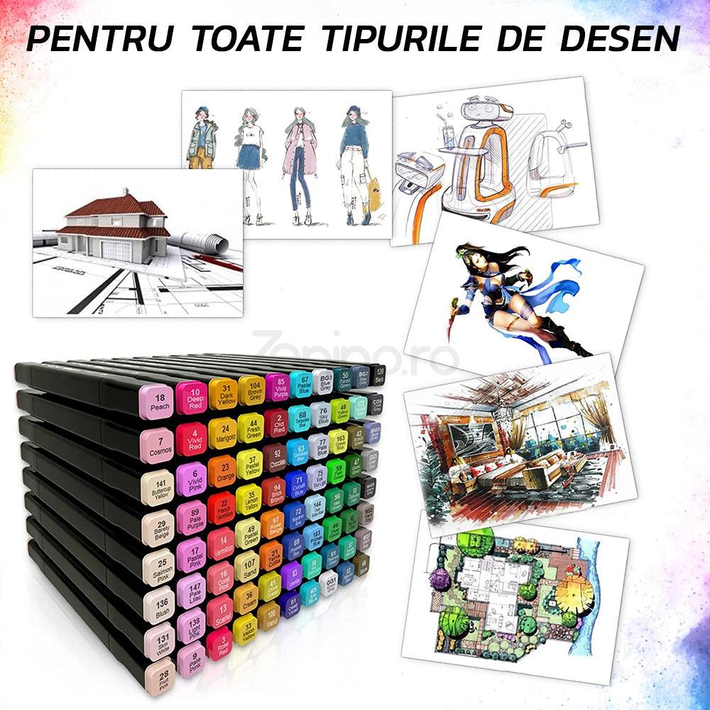 Set Markere cu Varf Dublu, Culori Intense, Geanta de Depozitare, Multicolor