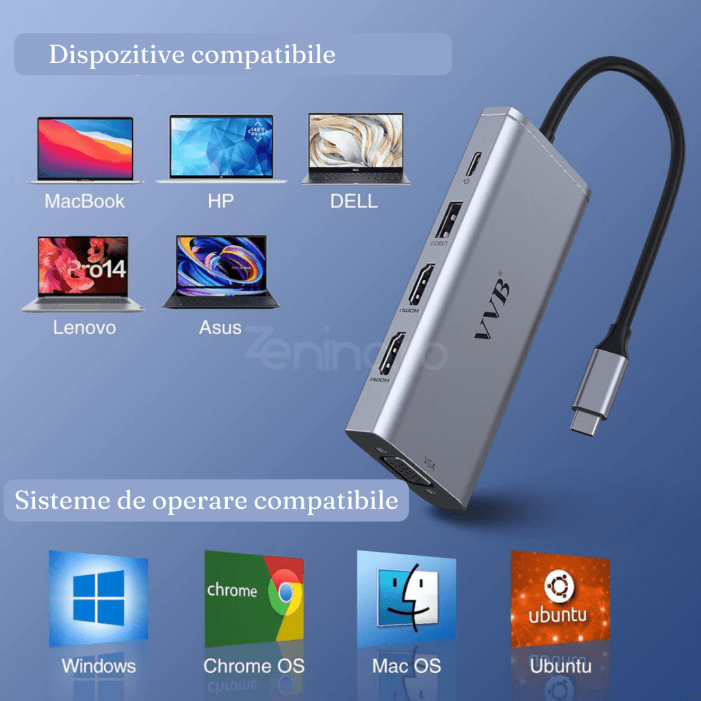 Adaptor Hub 8in1, Rezolutie 4K, Viteza Transfer Date 480Mbps, Type-C, Porturi USB, Conexiune HDMI, Gri