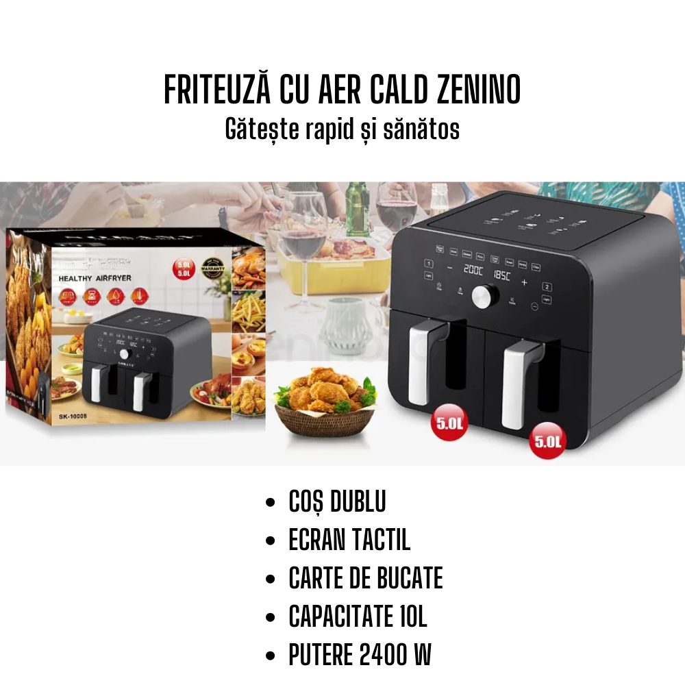 Double Hot Air Fryer, 2 Baskets, 10l Capacity, 2400W Power, Integrated Light, Touch Screen, Fast Cooking, Healthy Meals