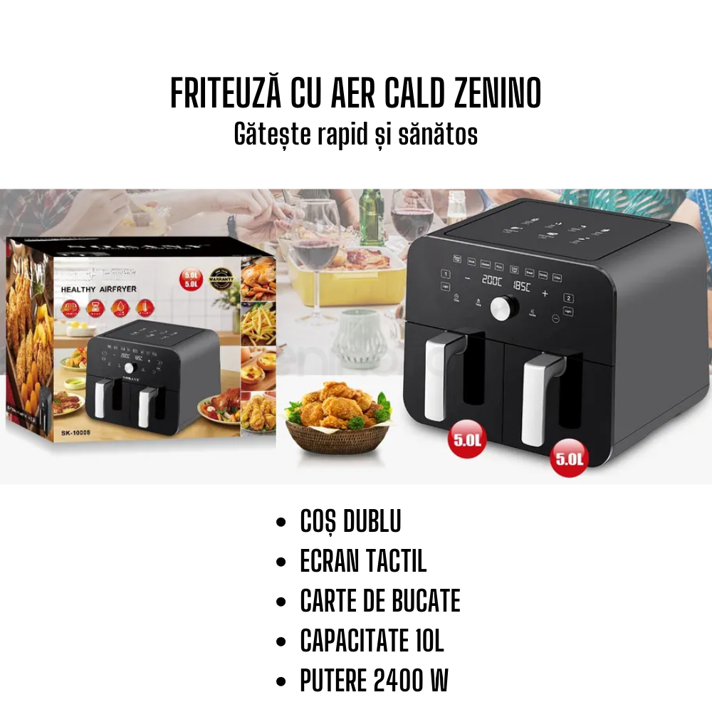 Friteuza Dubla cu Aer Cald, 2 Cosuri, Capacitate 10l, Putere 2400W, Lumina Integrata, Ecran Tactil, Gatire Rapida, Mese Sanatoase