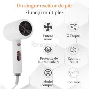 Uscator de Par, cu Suport, 3 Moduri, 1200W, Material Durabil, Ionizare, Dimensiune Compacta, Protectie Supraincalzire, Alb