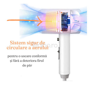 Uscator de Par, cu Suport, 3 Moduri, 1200W, Material Durabil, Ionizare, Dimensiune Compacta, Protectie Supraincalzire, Alb