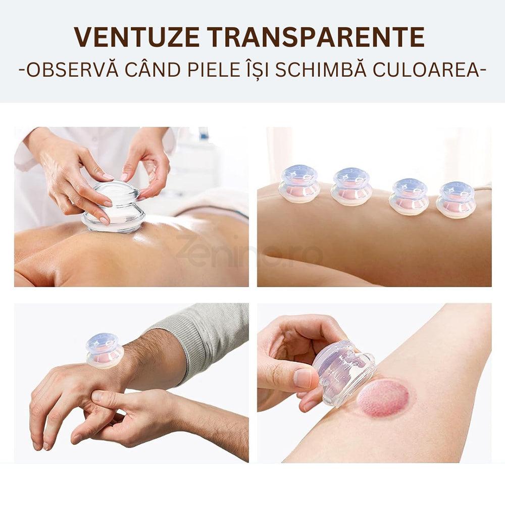 Set 4 Ventuze de Masaj, Terapeutice, Anticelulita, Relaxare, Silicon Moale, Alb/Transparent