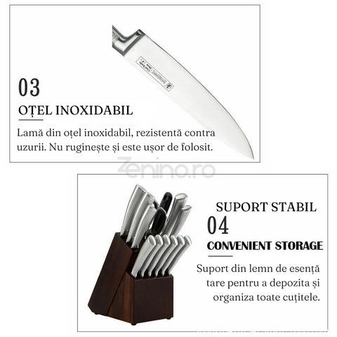 Set Cutite, 13 Piese, Suport Depozitare, Lemn Esenta Tare, Lama Otel Inoxidabil, Masat, Foarfeca, Maner Practic, Gri