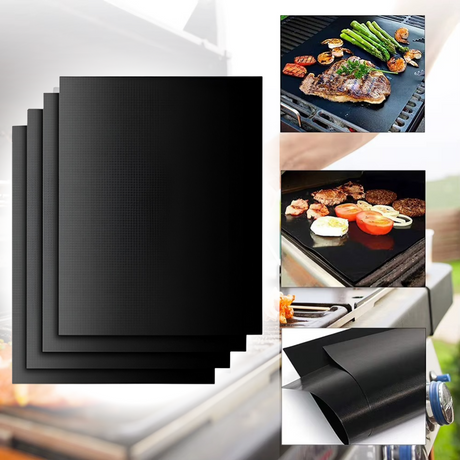 Non-Stick Grill Foil Set, Reusable, Heat Resistant, Teflon, 40x33cm, Black