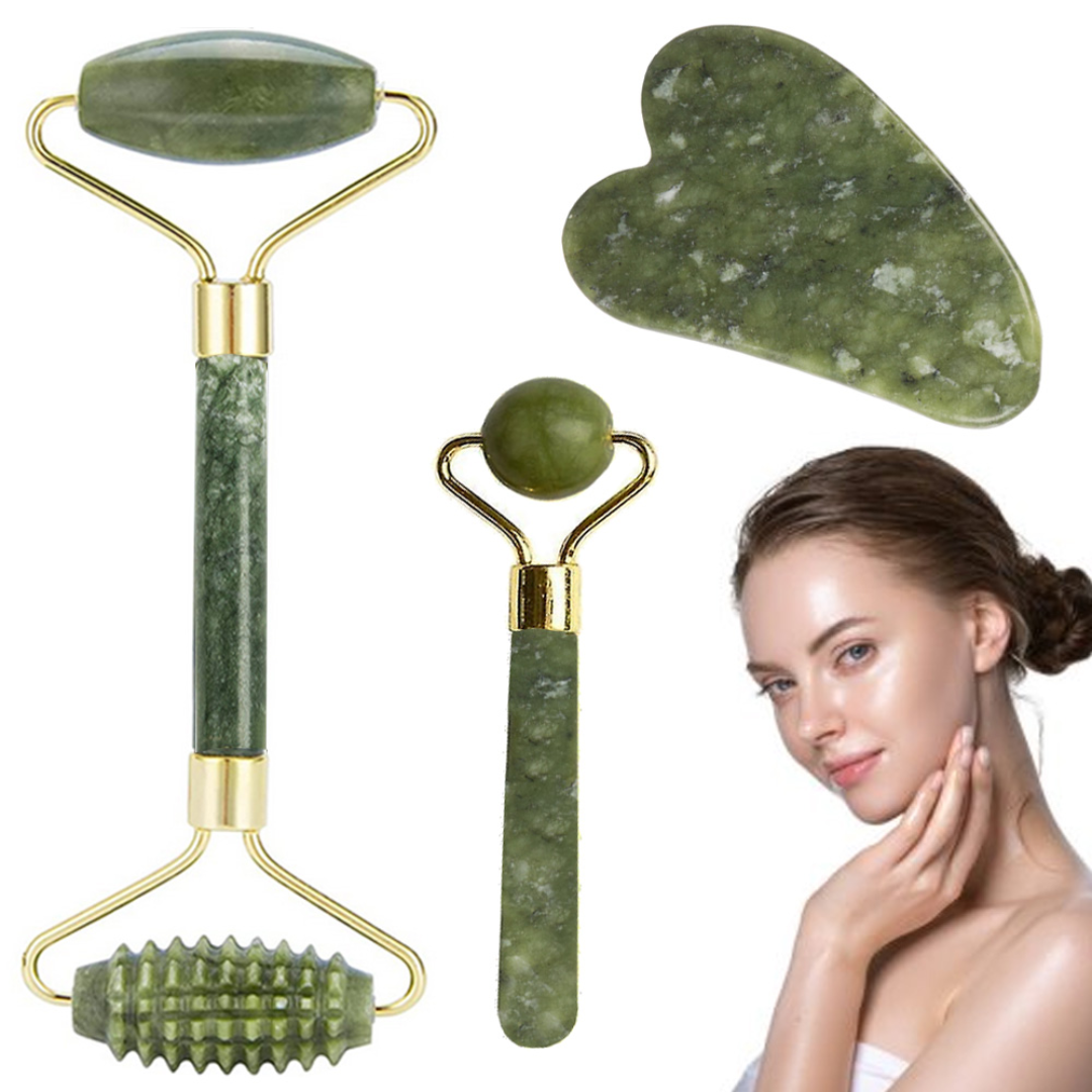 Set 3 Accesorii de Masaj, Rola de Jad, Rola Dubla, Piatra Gua Sha, Pentru Elasticitate, Tonifiere, Luminozitate, Anti-Rid, Fata si Corp, Verde