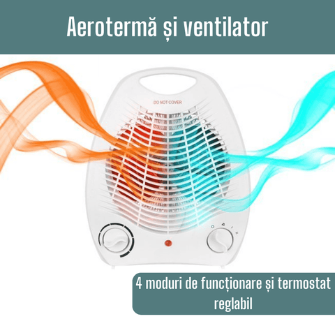 Aeroterma Electrica 2 in 1 - Ventilator, 4 Moduri de Functionare, 6 Trepte de Incalzire, Protectie la Supraincalzire, Alimentare la retea, 220v, Cablu 1m, Alb
