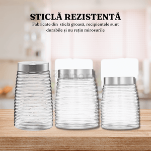 Set 3 Recipiente, pentru Condimente, Paste, Cereale, Inchidere Ermetica, Capac din Inox, Sticla Rezistenta, Striatii, Transparente