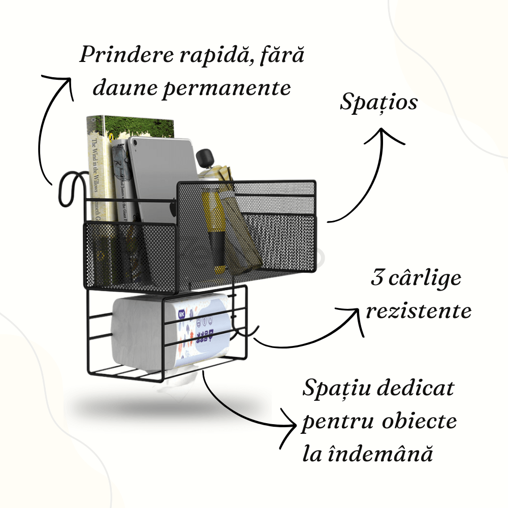 Organizator Suspendat, din Metal, 3 Carlige, Incapator, Rezistent, Negru/Alb, 25x37x13cm
