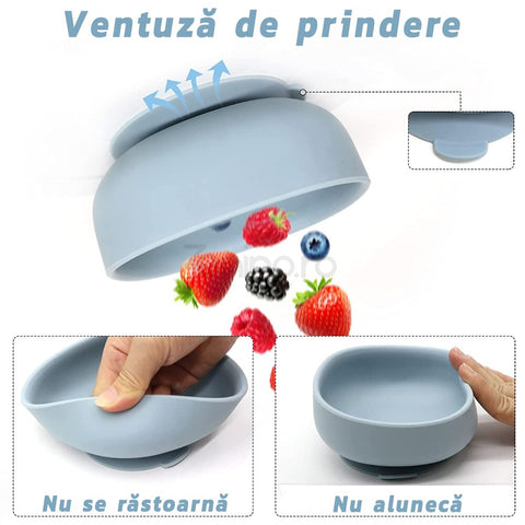 Set Hranire Bebelusi - 9 Piese, Termorezistente, Non-Toxice, Pliabile, Portabile, Usor de Curatat, Albastru