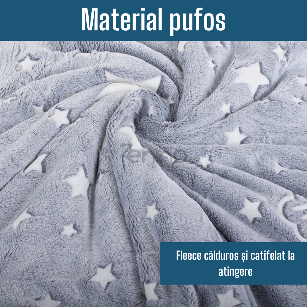 Patura Pufoasa si Calduroasa - din Fleece, Confortabil, Moale, Mentine Caldura, Imprimeu Fosforescent, Adulti si Copii, 150x200
