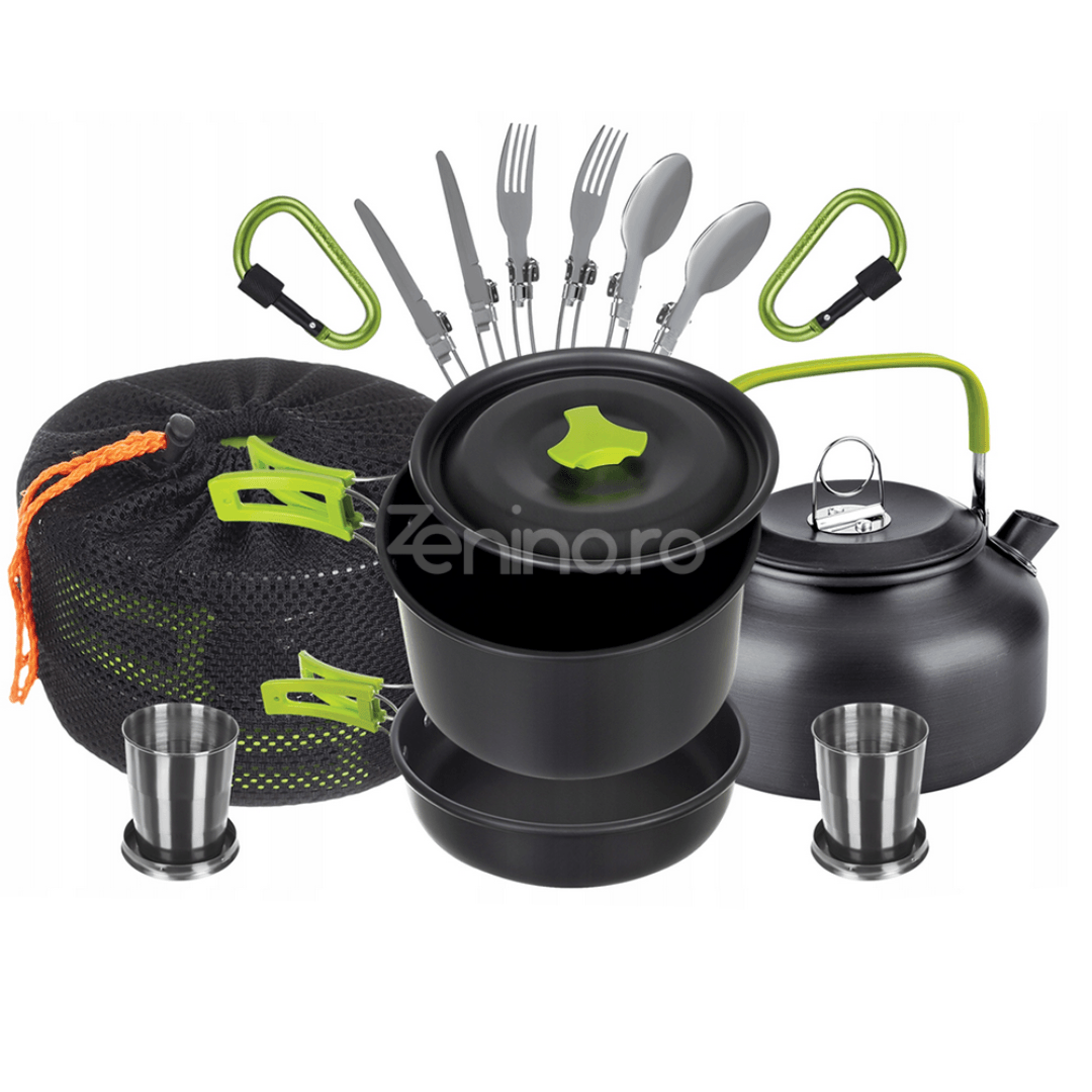 Set de Gatit Camping, 18 piese, Compact, Portabil, Antiaderente, Aluminiu Anodizat, Ceainic, Oala, Tigaie, Tacamuri, Negru