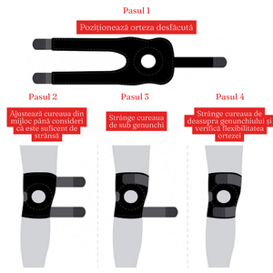 Orteza Genunchi cu 3 Prinderi, Benzi Ajustabile, Reducere Dureri, Marime Universala, Prindere Velcro, Burete EVA, Negru/Rosu