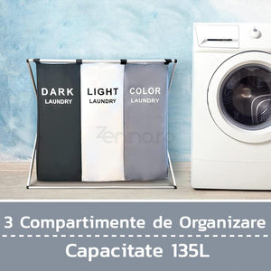 Cos de Rufe 3 Compartimente, Capacitate 135L, Pliabil, Cadru Aluminiu, Manere pentru Transportat,  66cm x 59cm x 45cm, Multicolor