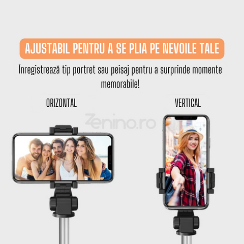 Trepied Ajustabil cu Telecomanda Bluetooth si Lumina LED, Selfie Stick, Rotire 360, Inclinatie 270, Mod Portret si Peisaj, Compact, Portabil, Stabil, 20-62 cm