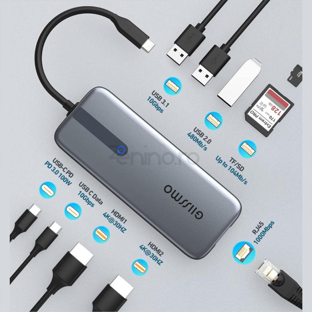 Adaptor HUB 10in1, 1000Mbs/s, Porturi USB, HDMI, Ethernet, Sloturi Card Memorie, Aluminiu, Gri