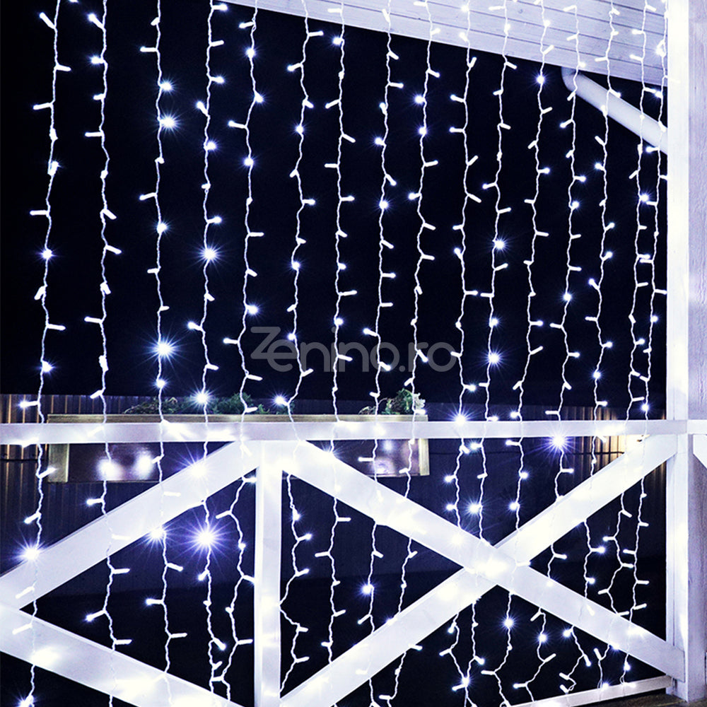 Instalatie de Craciun, Tip Perdea, Becuri LED, 8 Jocuri de Lumini, Fir Transparent, Prelungitor 1.5m, Alb Cald, Rece, Multicolor