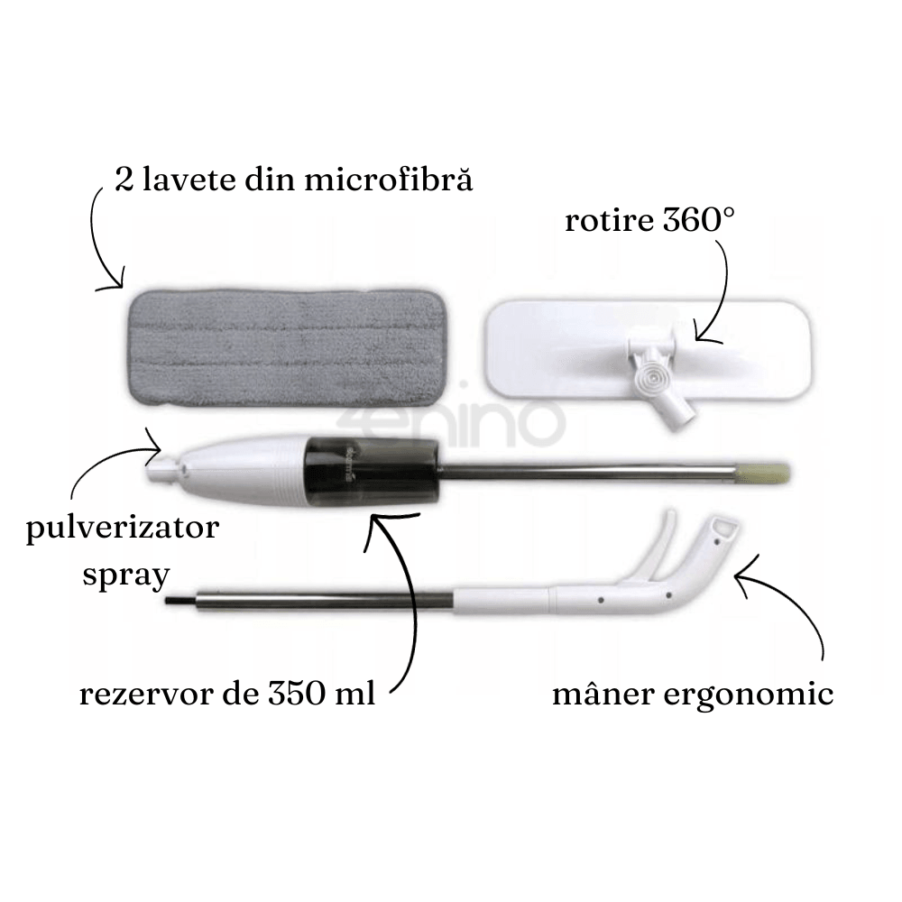 Mop Plat cu Pulverizator, Rezervor 350 ml, Multiple Suprafete, Compact, Maner Ergonomic, Curatare Eficienta, Usor de Manevrat, cu Doua Rezerve din Microfibra, 125 x 40 cm