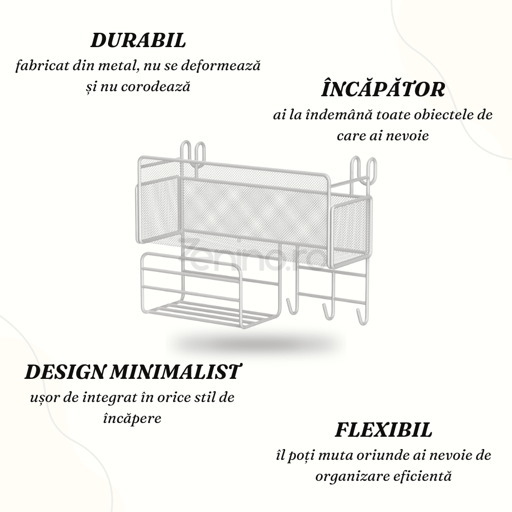 Organizator Suspendat, din Metal, 3 Carlige, Incapator, Rezistent, Negru/Alb, 25x37x13cm