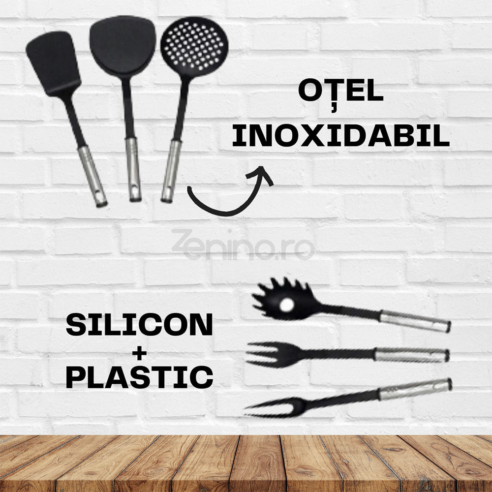 Set 40 Ustensile Bucatarie - Otel Inoxidabil, Rezistent la Caldura, Durabililtate Crescuta, Curatare Usoara, Negru
