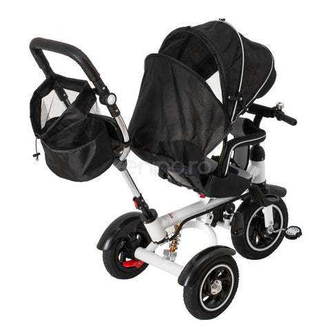 Tricicleta 3in1 V3, Multifunctionala, Carucior, Scaun Reversibil, Borseta, Suspensii, Pozitie Somn, Prelata Detasabila, Negru/Gri