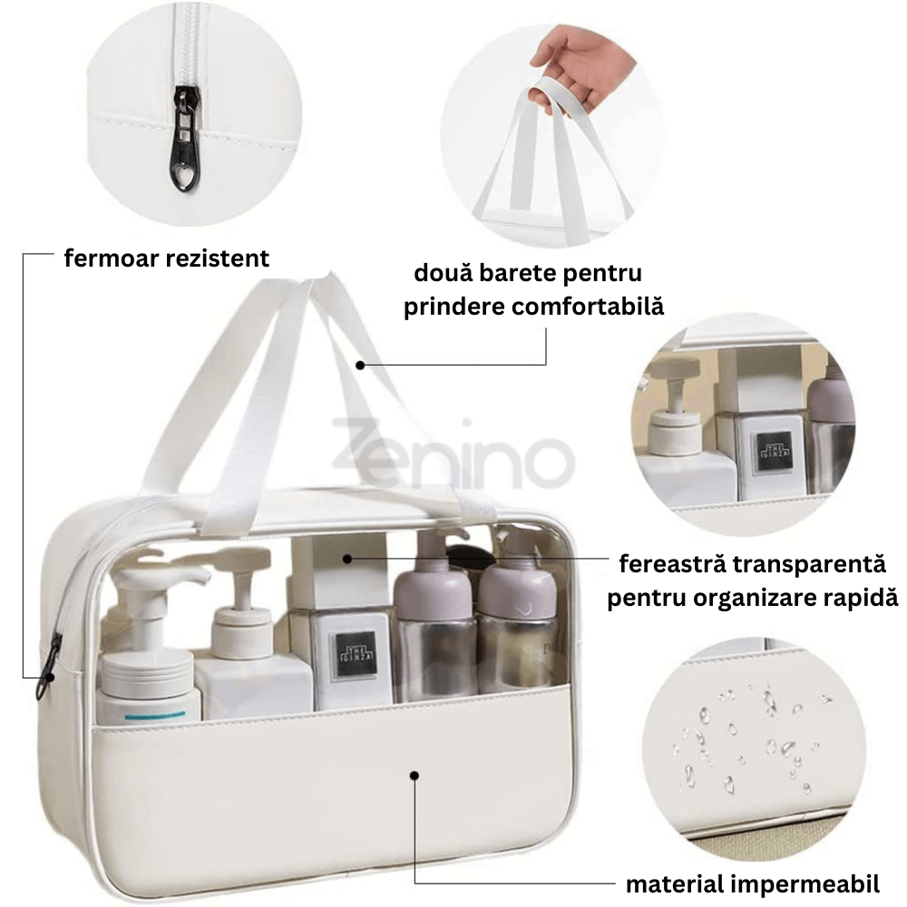 Geanta Organizare, Cosmetice, Medicamente, Produse de Ingrijire, pentru Calatorii si Depozitare, Fermoar, 2 Barete, Impermeabila, Rezistenta, Portabila, Fereastra Transparenta, Incapatoare, 30X21X12 cm