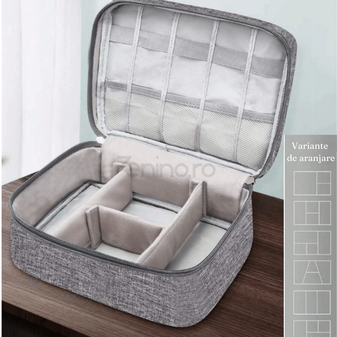 Organizator tip Geanta, pentru Calatorii, Antistropi, Prindere cu Velcro, Compartimente Detasabile, 2 Fermoare, Gri