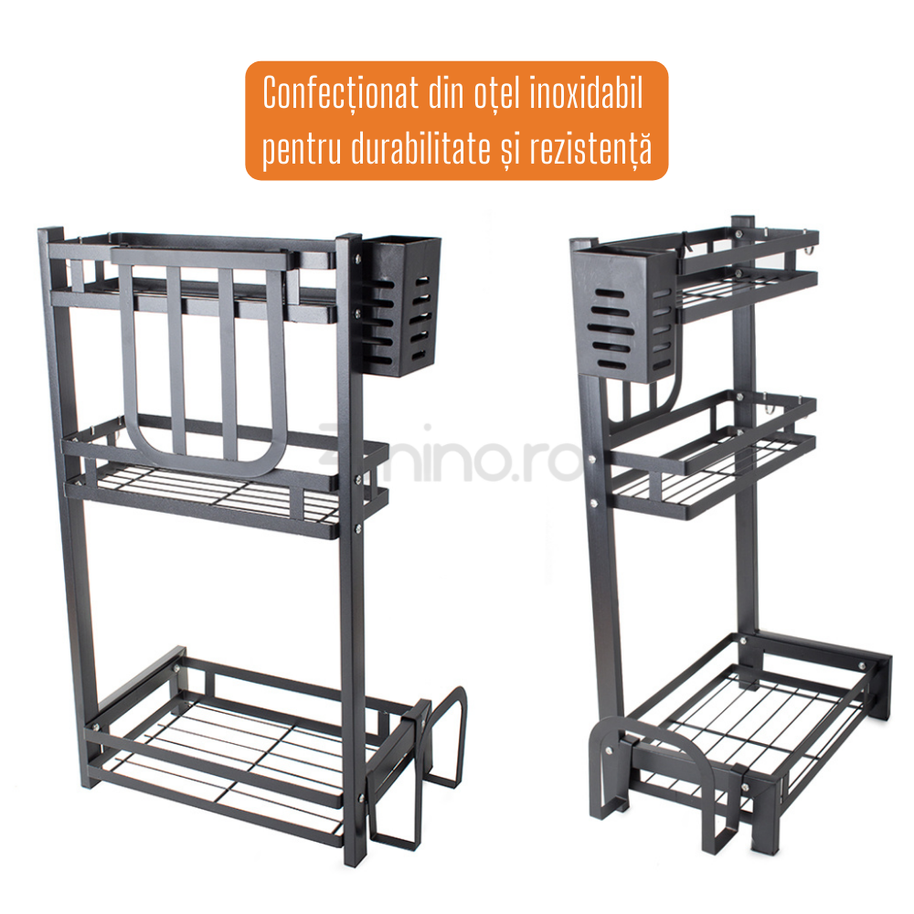 Raft Organizator de Bucatarie - 3 Etajere, pentru Condimente si Ustensile, Suport Tacamuri, Scurgator, Accesorii Detasabile, Anti-Alunecare, Rezistent, Economisire Spatiu, Otel Inoxidabil, Negru, 60x21x39 cm