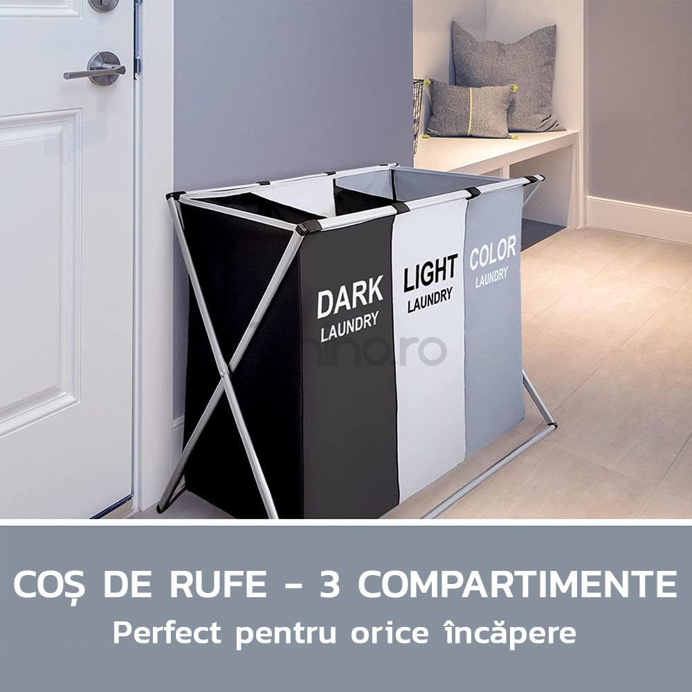 Cos de Rufe 3 Compartimente, Capacitate 135L, Pliabil, Cadru Aluminiu, Manere pentru Transportat,  66cm x 59cm x 45cm, Multicolor