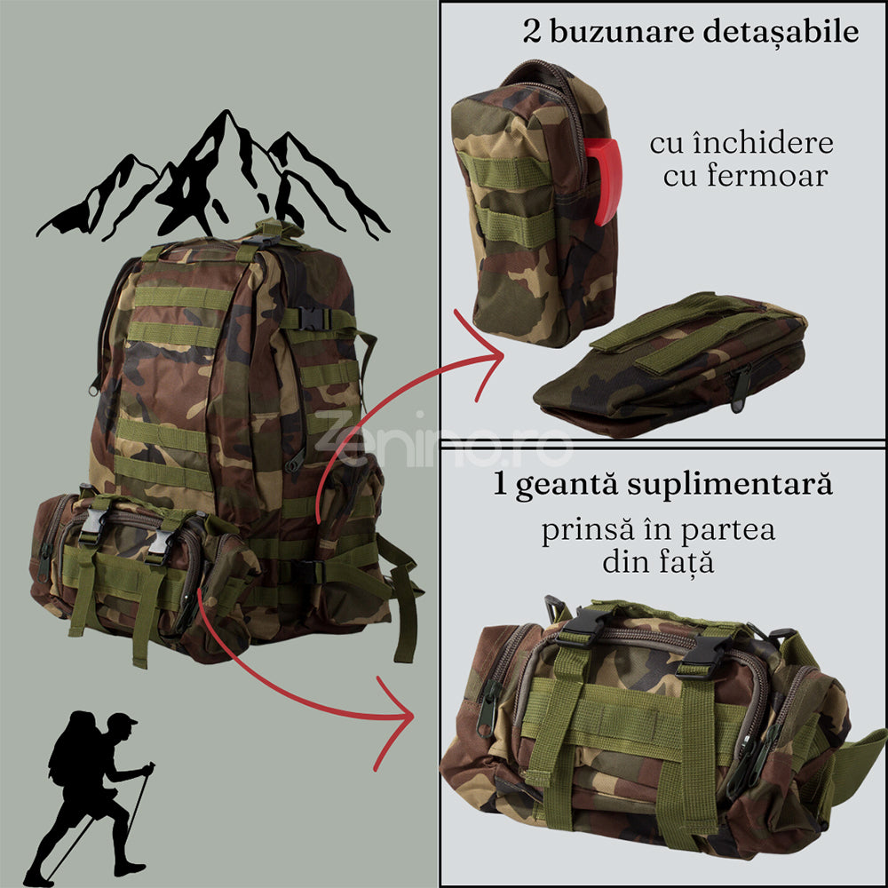 Rucsac Militar Tactic, pentru Drumetii, 48.5L, Geanta Suplimentara, Buzunare Detasabile, Centuri de Prindere, Material Rezistent, 50x55x16cm