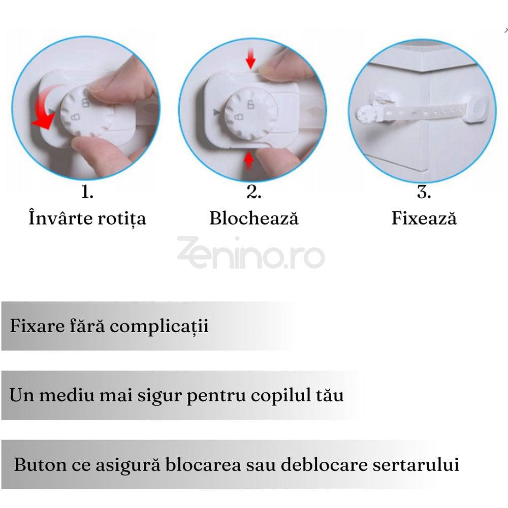 Set 6 Protectii Copii, pentru Dulap, Sertar, Rotita de Blocare, Lungime Ajustabila, Fixare Adeziva, Alb