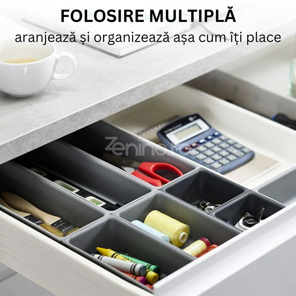 Organizator Sertar, 10 Compartimente, Bucatarie, Unelte, Birotica, Spatios, Sistem Prindere, 52x43.5x5cm, Alb/Gri