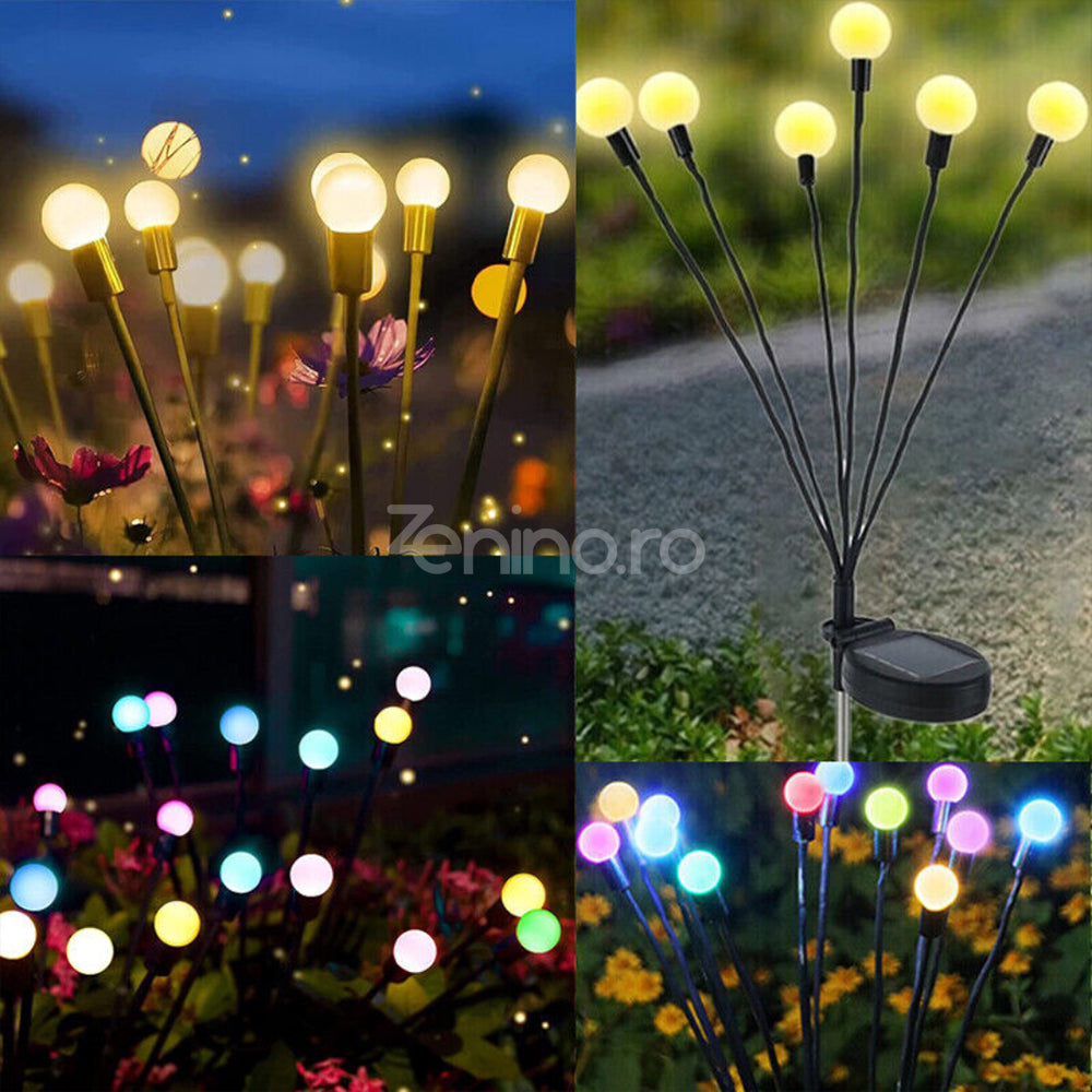 Lampa Solara 6 Bulbi, de Gradina, Tip Licurici, RGB, IP65, Fixare in Pamant, Lumina Multicolora, Autonomie 8h, 70 cm, Negru