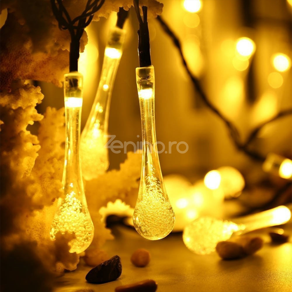 Instalatie Solara, Model Picaturi, 6m, 28 LED-uri, 8 Ore Lumina, Liniara, Alb Cald, Alb Rece si Multicolor, 600mAh